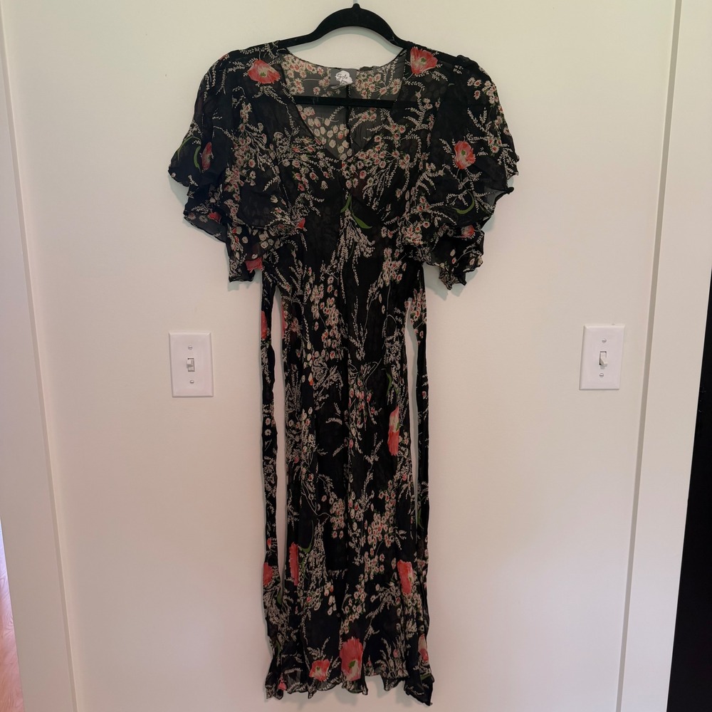 Girls from Savoy Black Floral Sheer Flutter Sleeve Empire Waist Midi Dress 0